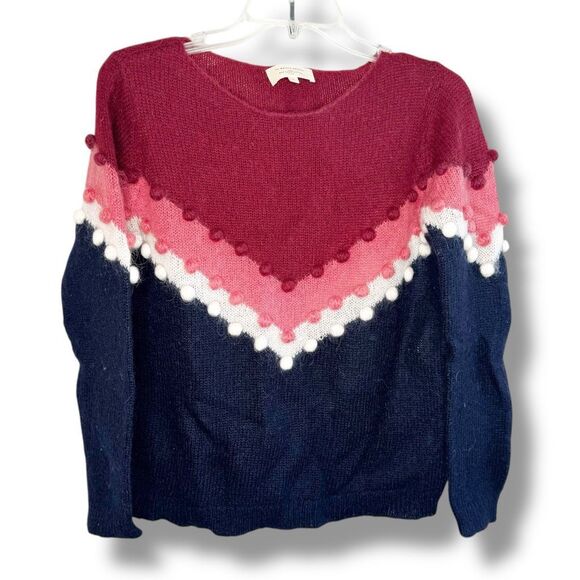 Sézane Paris Multi-Color Chevron Pom-Pom Mohair Wool Sweater Women’s Size Small - Picture 2 of 10